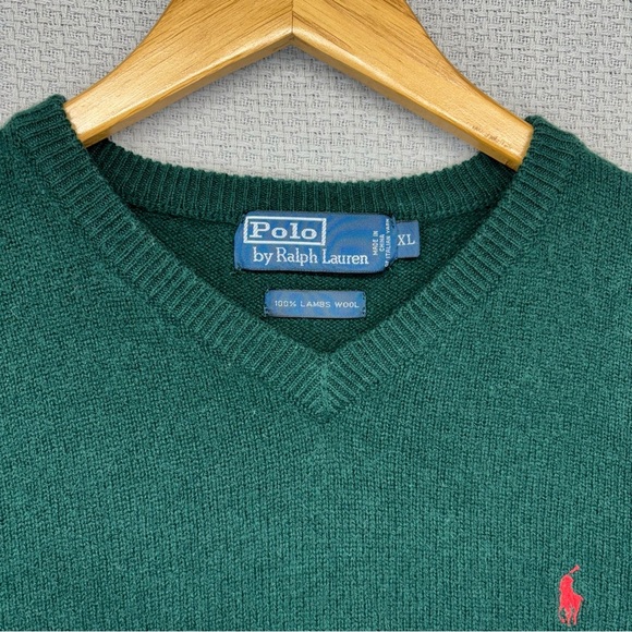 (2) Vtg Polo Ralph Lauren Sweater XL Mens Green/Gray Lambs Wool Pull Over V Neck - Picture 4 of 15